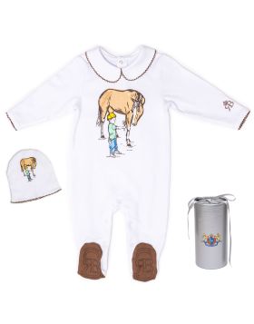 RB Royal Baby Organic Cotton Gloved Sleeve Footed Overall Footie with Hat in Gift Box (Horse and Me)