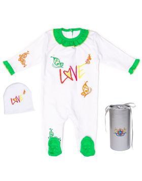 RB Royal Baby Organic Cotton Sleeve Footed Overall Footie with Hat in Gift Box (My Love)