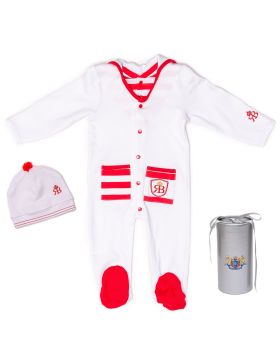 RB Royal Baby Organic Cotton Gloved Sleeve Footed Overall Footie with Hat in Gift Box (Captain)